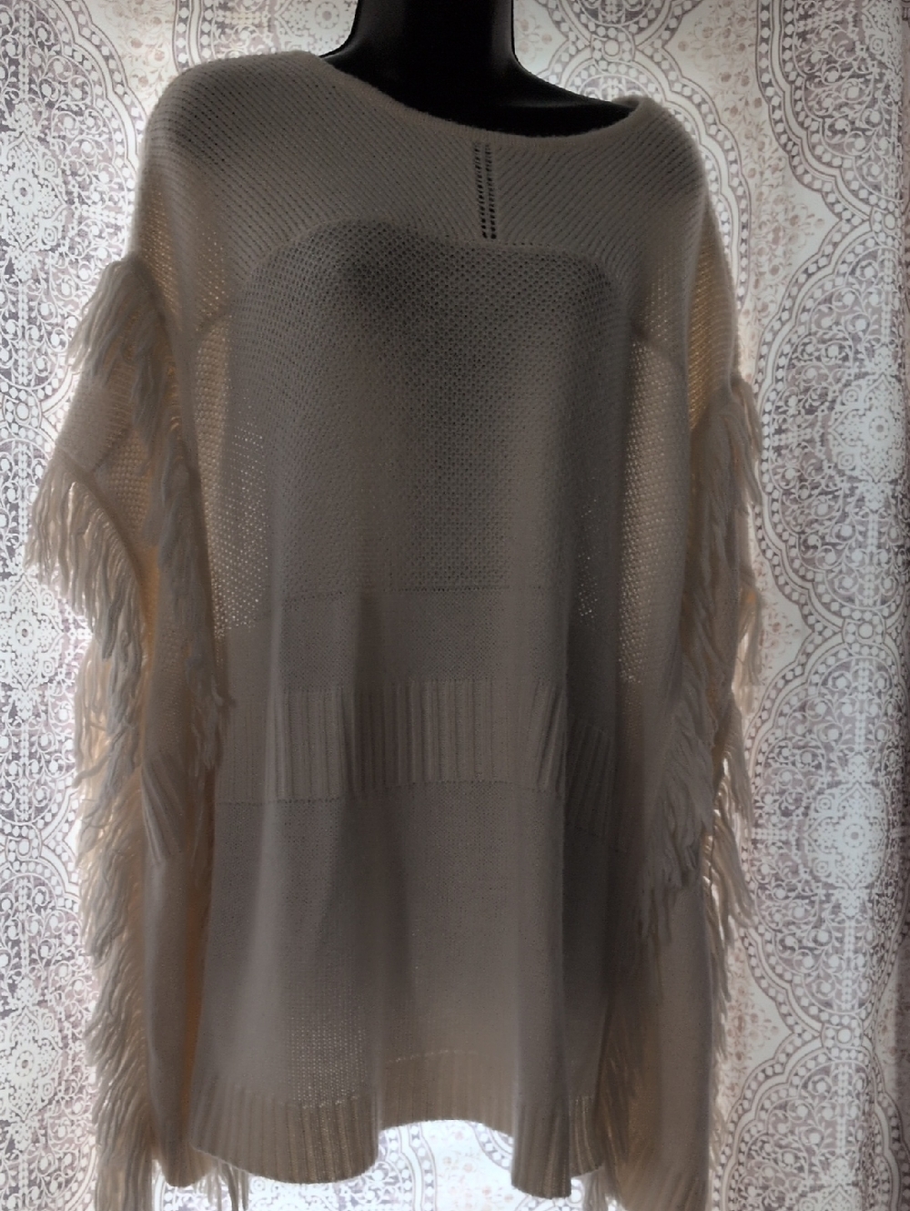 Chicos Black Label Cream Fringe Knit Poncho Sweater